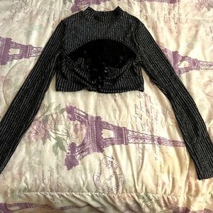 Glitter lace up silver and black crop top, size s with draw string in front